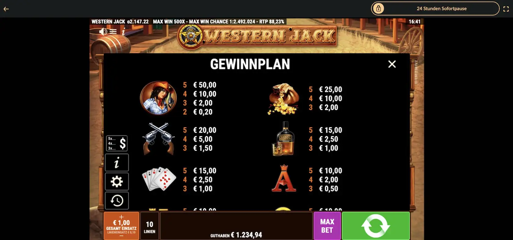 western-jack-gewinntabelle